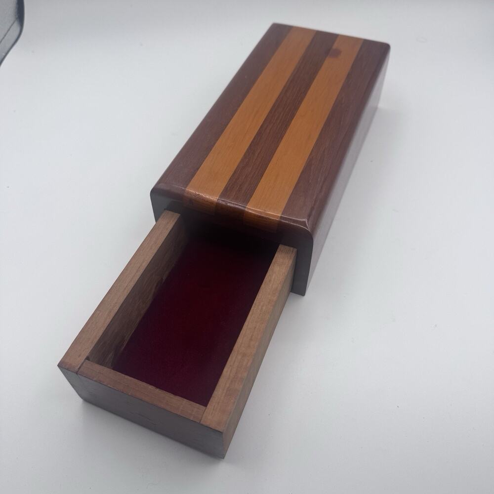 Handcrafted Striped Wood Sliding Drawer Box Jewelry Keepsake Red Velvet Lined
